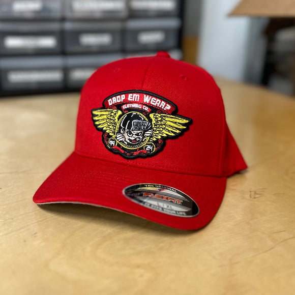 30th ANNIVERSARY RED CURVED BILL FLEX FIT HAT WITH BRIGADE PATCH ON FRONT