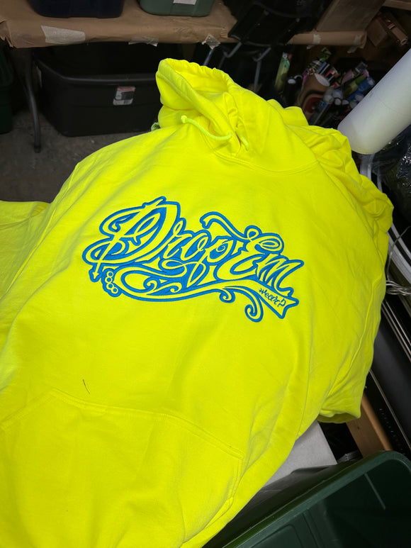 SAFETY YELLOW HOODIE WITH BLUE TATTOO SCRIPT LOGO