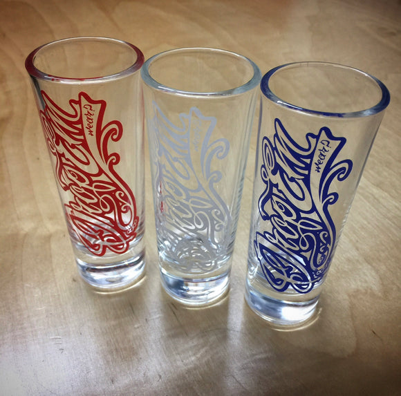 3 GLASS SHOT GLASS SET (RED, WHITE.BLUE) LOGO