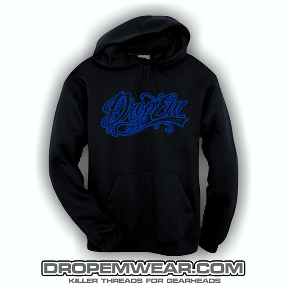 EMBROIDERED HOODIE WITH ROYAL BLUE EMBROIDERED TATTOO SCRIPT