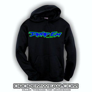 BLACK EMBROIDERED HOODIE WITH BLUE AND LIME OG LOGO