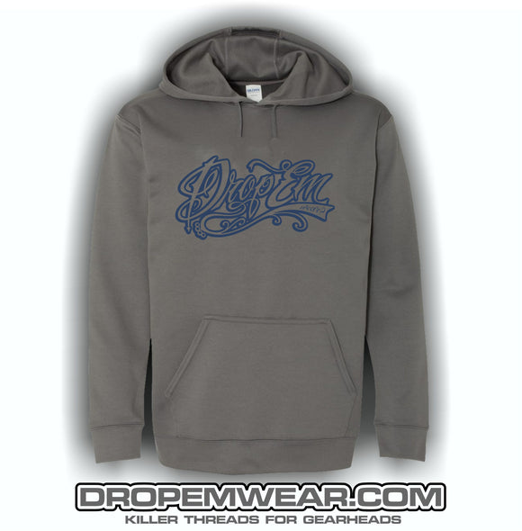 CHARCOAL EMBROIDERED HOODIE WITH NAVY EMBROIDERED TATTOO SCRIPT