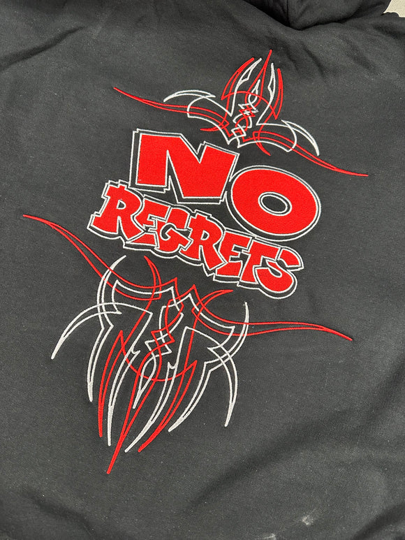 NO REGRETS RED/SILVER BUBBLE LETTER HOODIE WITH PINSTRIPES