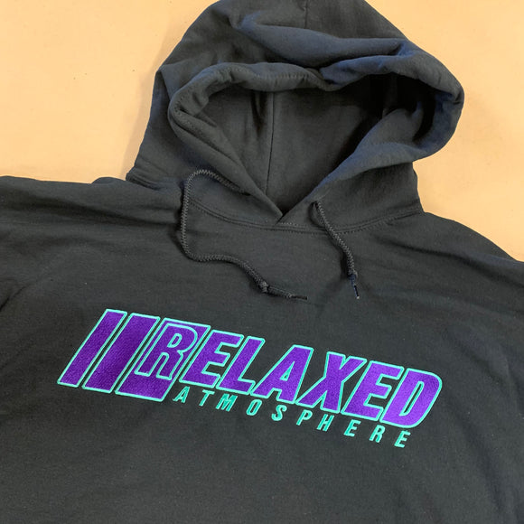 BLACK RELAXED EMBROIDERED HOODIE WITH LOGO ON FRONT PURPLE FILL TEAL OUTLINE