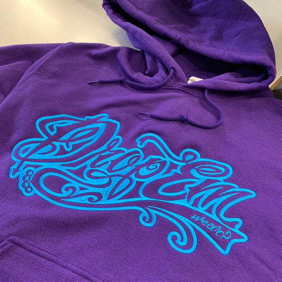 PURPLE EMBROIDERED HOODIE WITH BLUE TATTOO SCRIPT LOGO