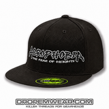 ACROPHOBIA FLAT BILL HAT WITH FULL LOGO ON BLACK HAT