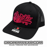 SNAP BACK TRUCKER HAT BLACK/BLACK WITH PINK STITCH