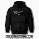 BLACK EVIL HOODIE WITH EMBROIDERED FULL LOGO ON FRONT with BLACK FILL AND WHITE OUTLINE