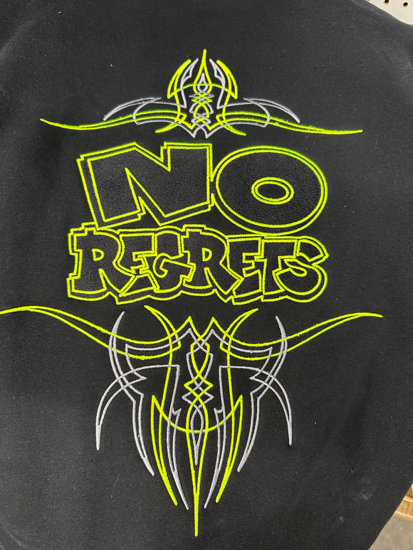 NO REGRETS YELLOW/GREY BUBBLE LETTER HOODIE WITH PINSTRIPES