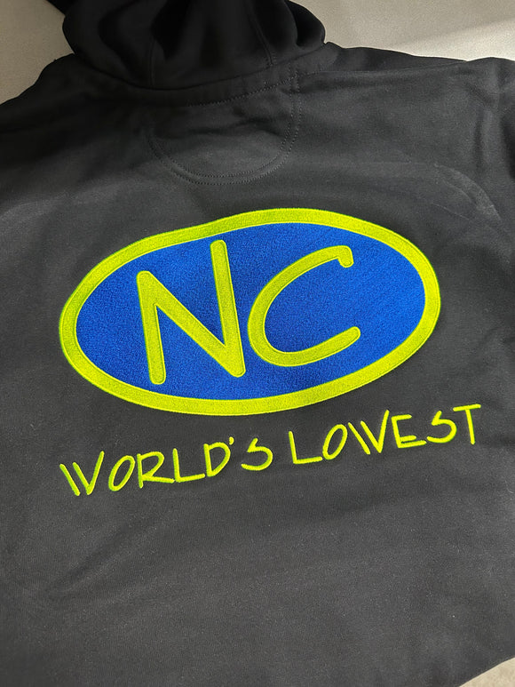 BLACK EMBROIDERED NC HOODIE WITH BLUE FILL AND YELLOW OUTLINE