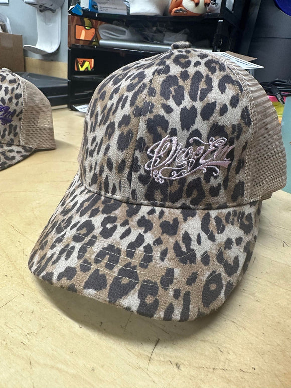 LEOPARD PRINT PONY TAIL VELCRO BACK HAT WITH PALE PINK SCRIPT ON LEFT