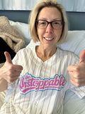 BE UNSTOPPABLE PINSTRIPE BUTTON DOWN BASEBALL JERSEY