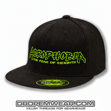 ACROPHOBIA FLAT BILL HAT WITH FULL LOGO ON BLACK HAT