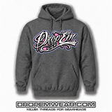 GREY HOODIE WITH PINK TATTOO SCRIPT LOGO WITH BRIGHT BLUE OUTLINE