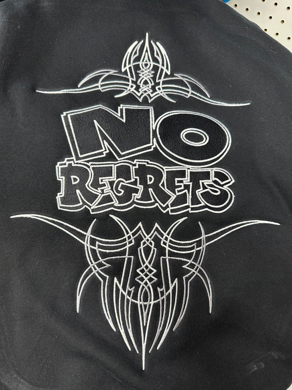 NO REGRETS WHITE/SILVER BUBBLE LETTER HOODIE WITH PINSTRIPES