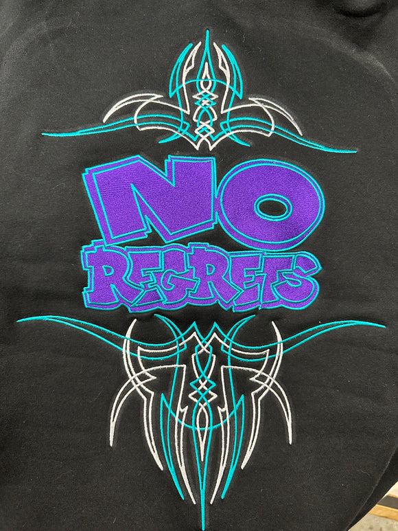 NO REGRETS PURPLE/TEAL BUBBLE LETTER HOODIE WITH PINSTRIPES