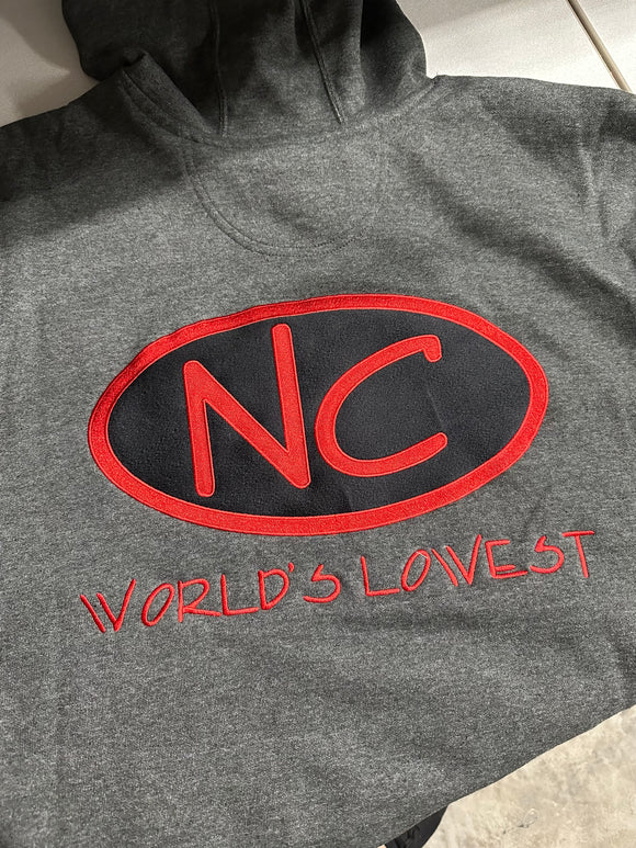 GREY EMBROIDERED NC HOODIE WITH BLACK FILL AND RED OUTLINE