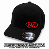 NEGATIVE CAMBER CURVED BILL FITTED HAT WITH NC OVAL LOGO ON BLACK HAT