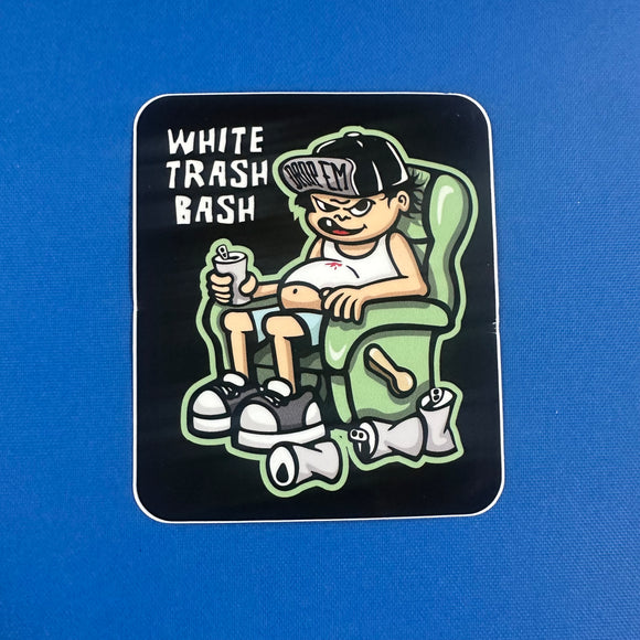 DUDE IS RECLINER WHTE TRASH BASH STICKER 3X4