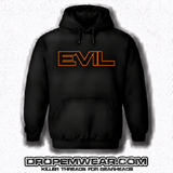 BLACK EVIL HOODIE WITH EMBROIDERED FULL LOGO ON FRONT with BLACK FILL AND ORANGE OUTLINE