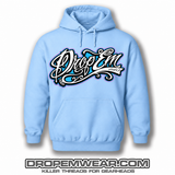 BABY BLUE HOODIE WITH BLUE TATTOO SCRIPT LOGO WITH PINK OUTLINE