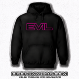 BLACK EVIL HOODIE WITH EMBROIDERED FULL LOGO ON FRONT with BLACK FILL AND PINK OUTLINE