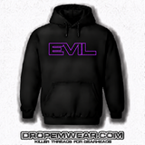 BLACK EVIL HOODIE WITH EMBROIDERED FULL LOGO ON FRONT with BLACK FILL AND PURPLE OUTLINE