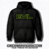 BLACK EVIL HOODIE WITH EMBROIDERED FULL LOGO ON FRONT with BLACK FILL AND LIME OUTLINE