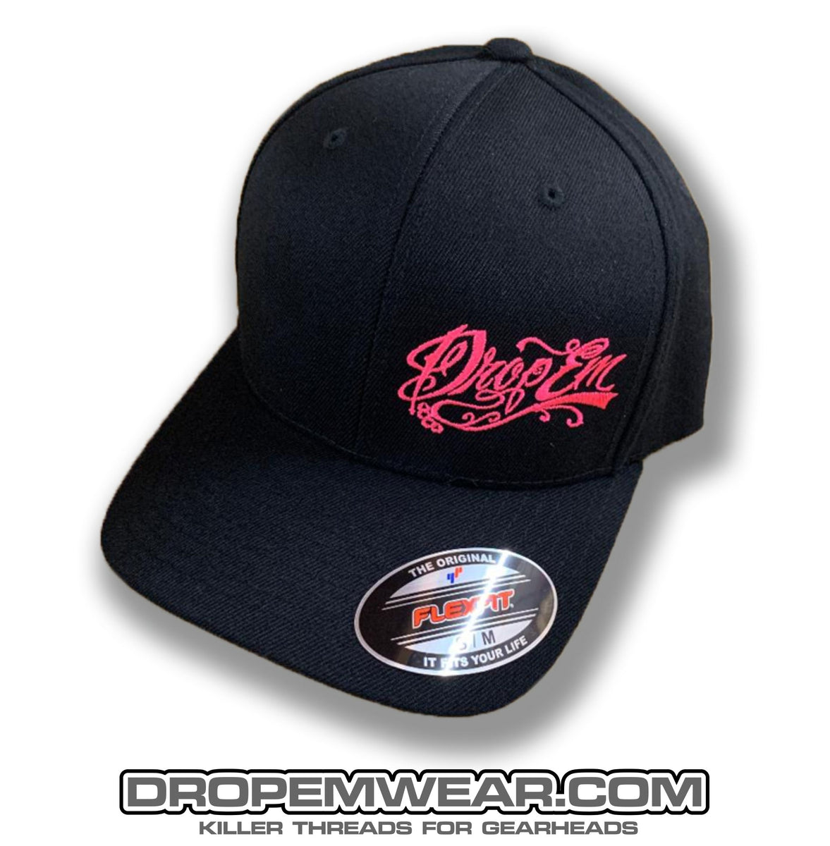 BLACK CURVED BILL FLEX FIT HAT WITH PINK TATTOO SCRIPT LEFT PANEL ...