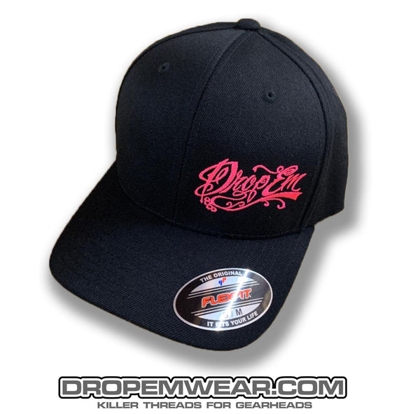 BLACK CURVED BILL FLEX FIT HAT WITH  PINK TATTOO SCRIPT LEFT PANEL