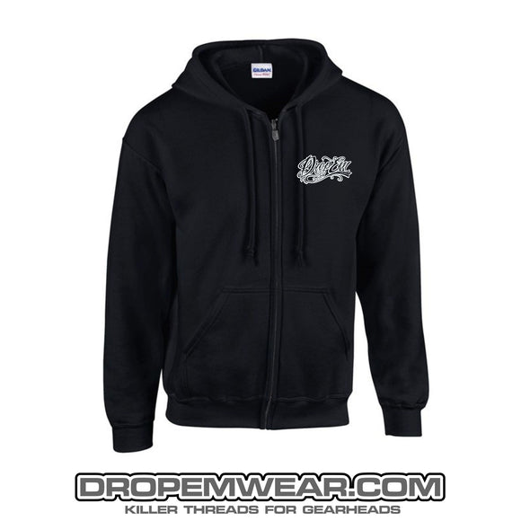 BLACK ZIPPER HOODIE WITH WHITE LOGO ON LEFT CHEST