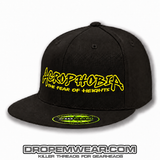 ACROPHOBIA FLAT BILL HAT WITH FULL LOGO ON BLACK HAT