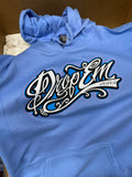 BABY BLUE HOODIE WITH BLUE TATTOO SCRIPT LOGO WITH PINK OUTLINE