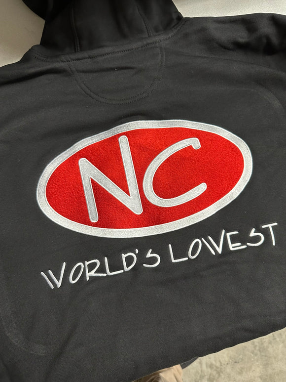 BLACK EMBROIDERED NC HOODIE WITH RED FILL AND WHITE OUTLINE