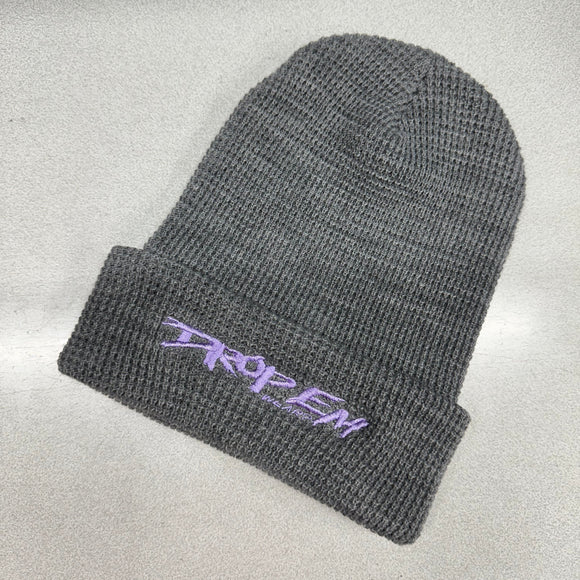 GREY WAFFLE KNIT BRIMMED BEANIE WITH LAVENDER ORIGINAL LOGO
