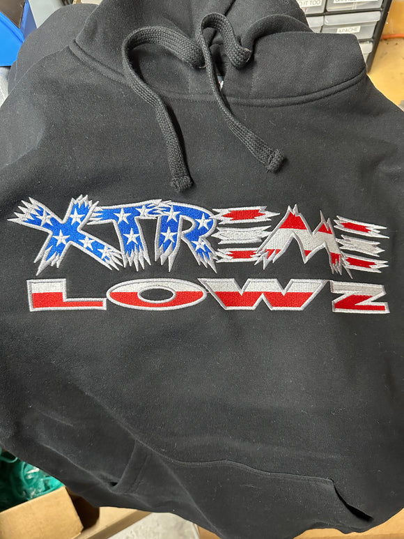 BLACK XTREME LOWZ EMBROIDERED AMERICAN FLAG LOGO HOODIE
