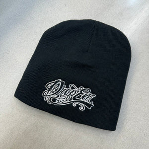 BLACK NO BRIM BEANIE WITH white  TATTIO SCRIPT LOGO