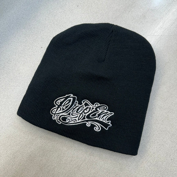 BLACK NO BRIM BEANIE WITH white  TATTIO SCRIPT LOGO