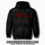 BLACK EVIL HOODIE WITH EMBROIDERED FULL LOGO ON FRONT with BLACK FILL AND RED OUTLINE