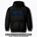 BLACK EVIL HOODIE WITH EMBROIDERED FULL LOGO ON FRONT with BLACK FILL AND BRIGHT BLUE OUTLINE