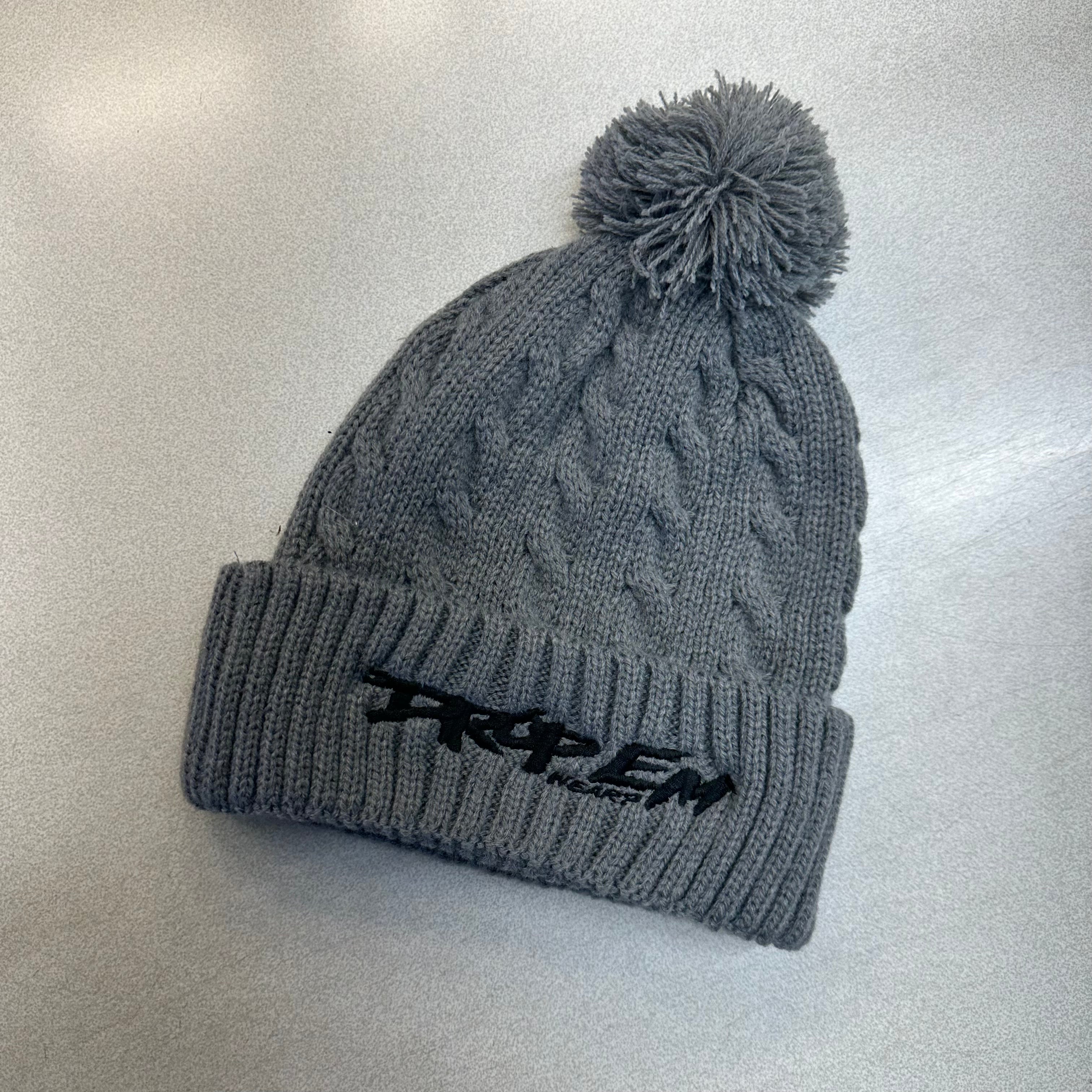 LIMITED EDITION GREY POM POM KNITTED BRAID BEANIE WITH BLACK STITCH