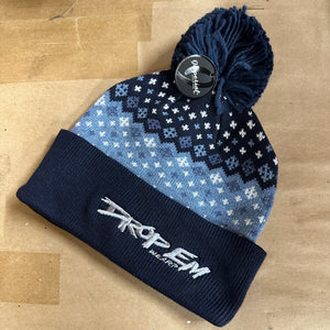 NAVY BRIMMED BEANIE WITH POM POM AND SNOWFLAKES OG SILVER LOGO