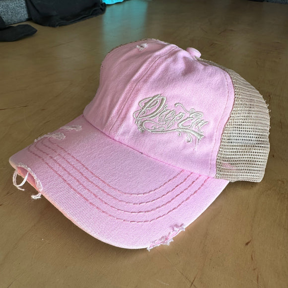LIGGT PINK PONY TAIL VELCRO BACK HAT WITH KHAKI TATTOO SCRIPT LOGO