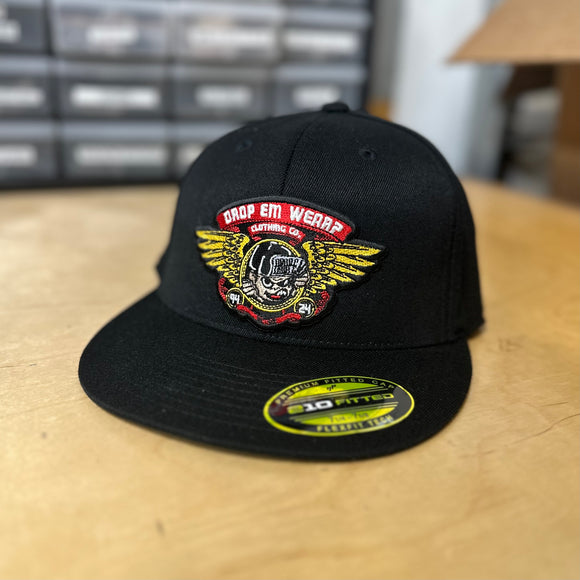 30th ANNIVERSARY BLACK FLAT BILL FLEX FIT HAT WITH BRIGADE PATCH ON FRONT