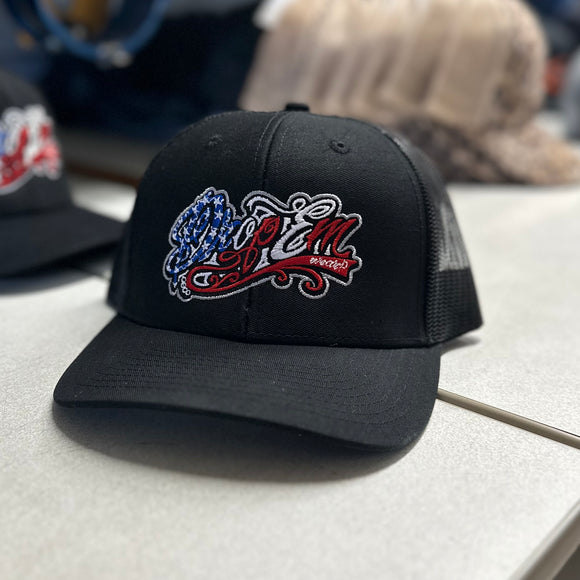 AMERICAN FLAG TATTOO SCRIPT ON SNAP BACK HAT