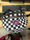 Black and white checkered cross body bag, with logo stitching