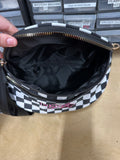 Black and white checkered cross body bag, with logo stitching