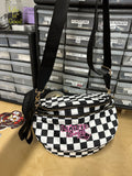 Black and white checkered cross body bag, with logo stitching