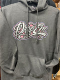 GREY HOODIE WITH PINK TATTOO SCRIPT LOGO WITH BRIGHT BLUE OUTLINE