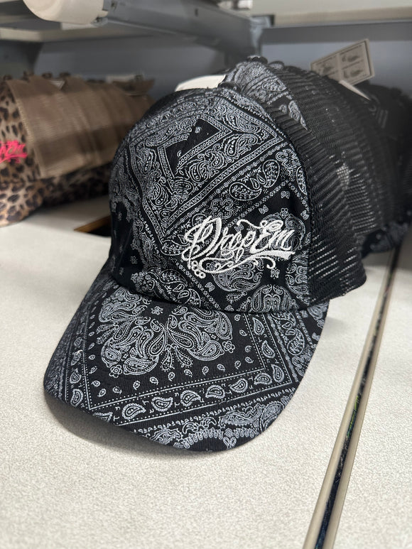 PAILSEY PRINT PONY TAIL VELCRO BACK HAT WITH WHITE TATTOO SCRIPT LOGO